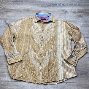 Jhane Barnes Button Down Shirt Mens XL Tan Striped Long Sleeve Designer Pleated